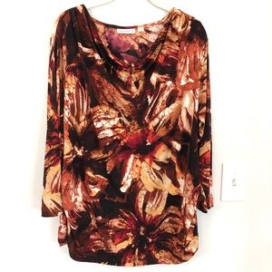 Susan Graver Printed Liquid Knit Drape Neck Top with Ruching, Size XL
